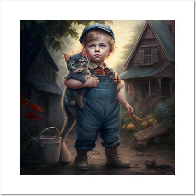 Young boy in his denim coveralls carrying his cat. Wall Art by Liana Campbell